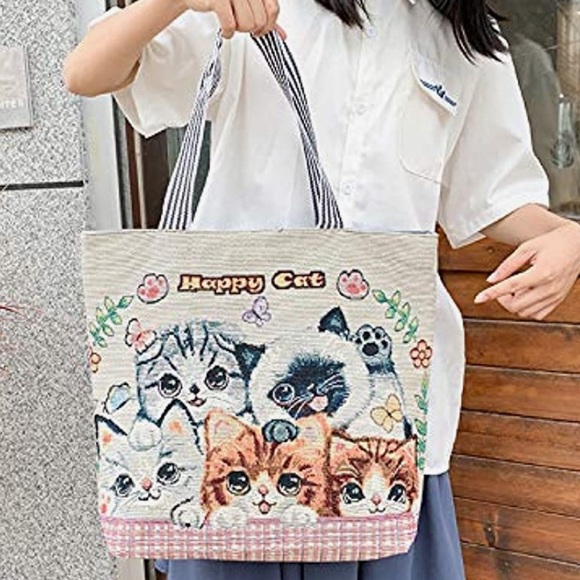 NEW “Happy Cat” Large Canvas Zip Tote Shopper Bag Cute Kittens Vintage Style - Picture 4 of 12